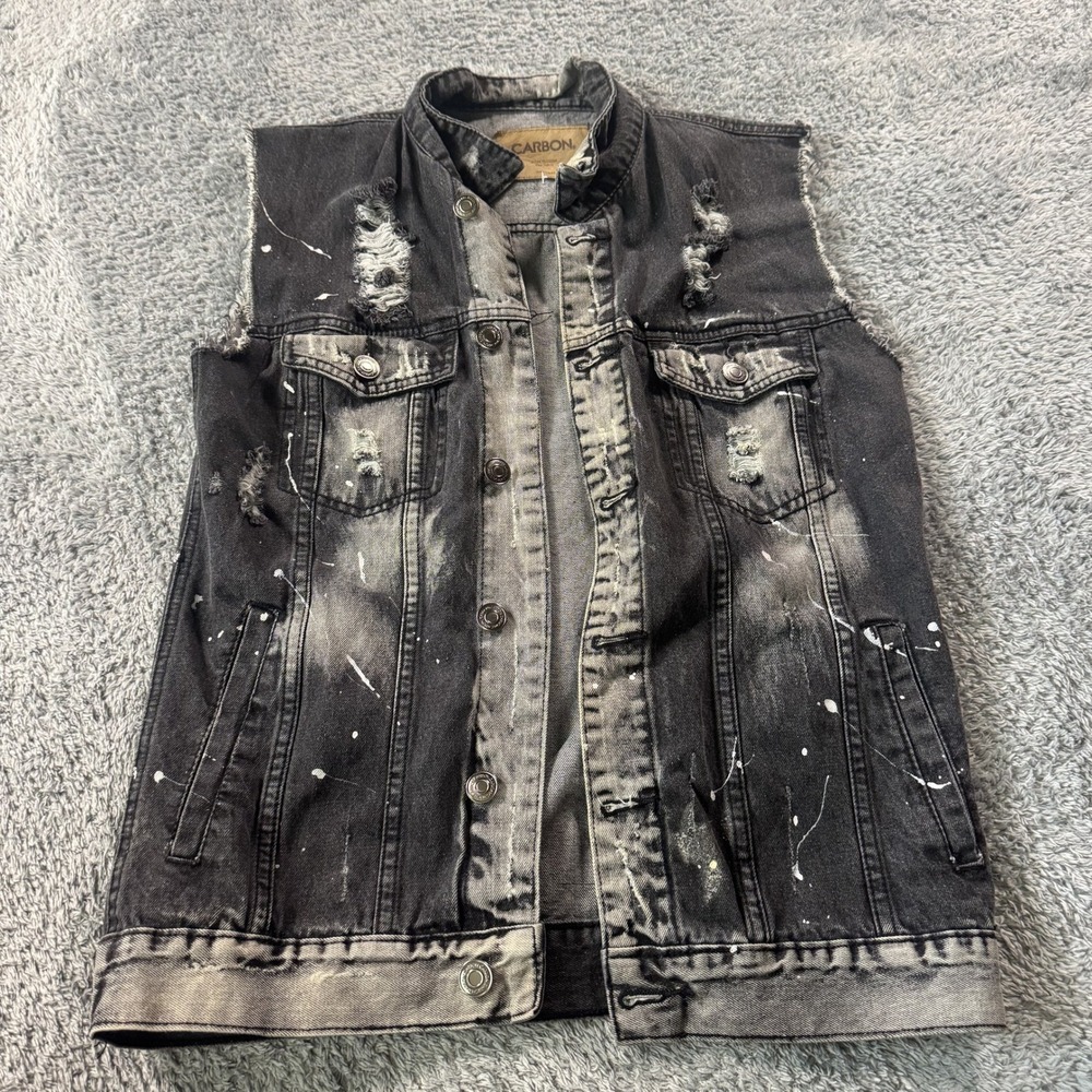 Carbon Mens Distressed Denim Vest Small Black Paint Splatter Raw Edge Cotton
